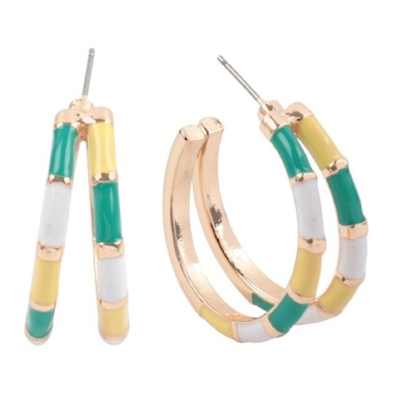 GOLD PLATED MEDIUM SIZED YELLOW/WHITE/GREEN COLOR BLOCK HOOP EARRINGS - Picture 1 of 6